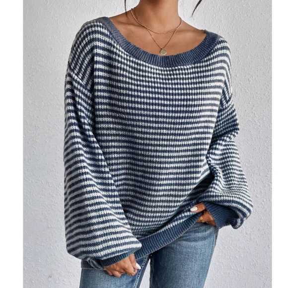 Cozy Striped oversized Balloon Sleeve Sweater Top - Picture 4 of 4
